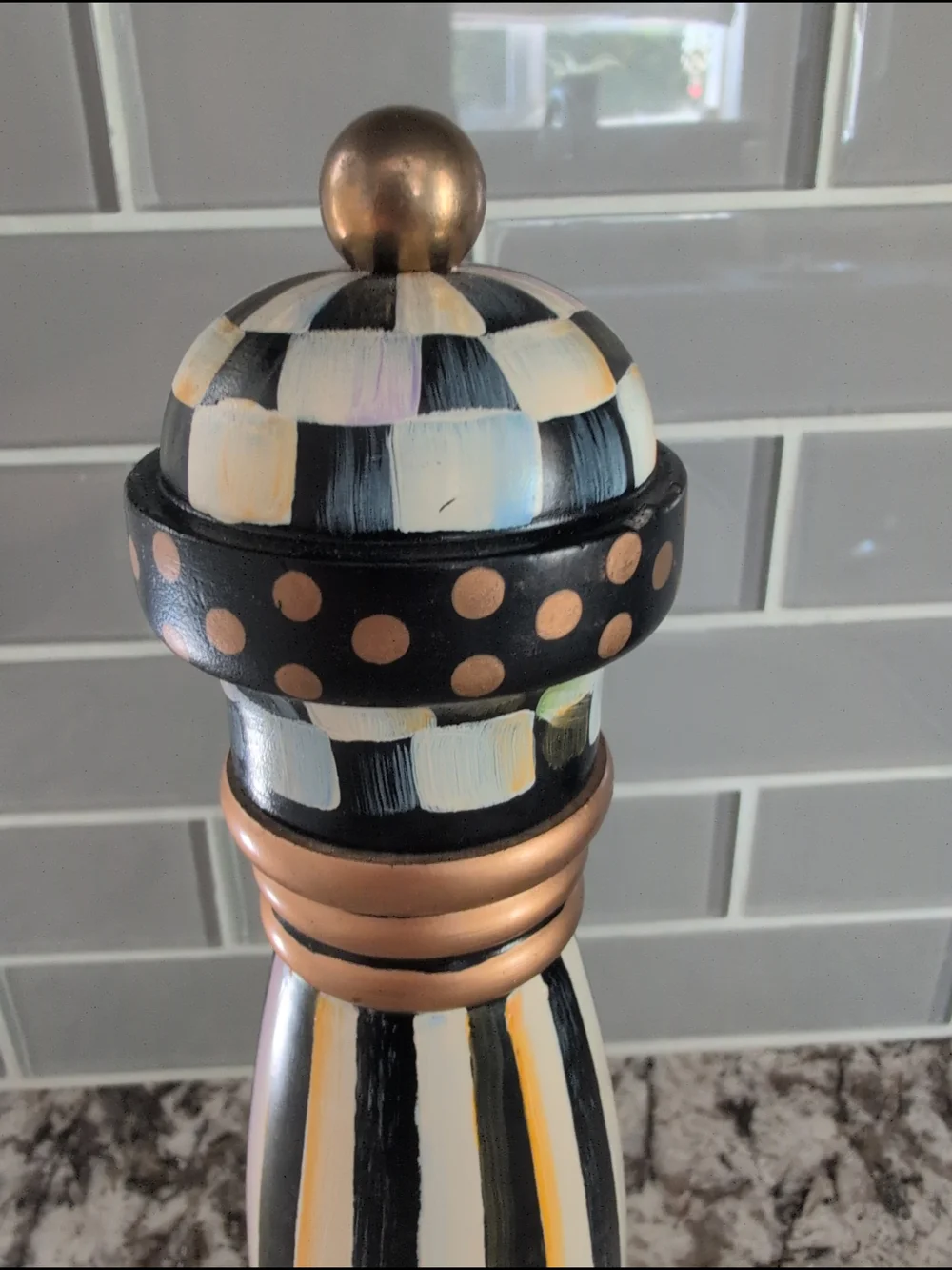 MacKenzie-Childs Hand-Painted Black, White, Gold Striped Pepper Mill